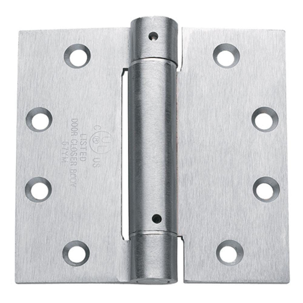 Spring hinges in a 4-inch square design with a template hole pattern, available in multiple finishes, sold in a 2-pack.
