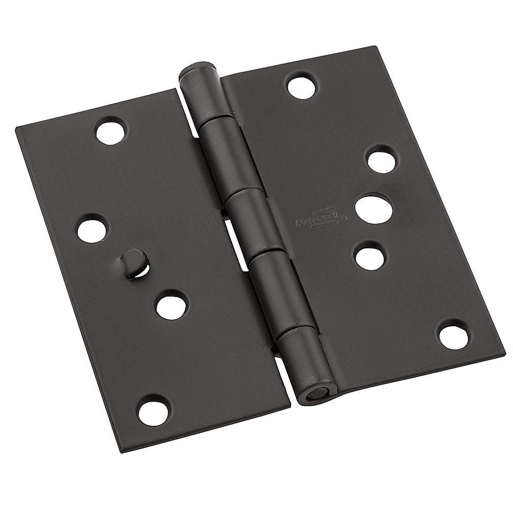 4-inch square residential exterior door hinge with opposite zig zag hole pattern, available in multiple finishes.