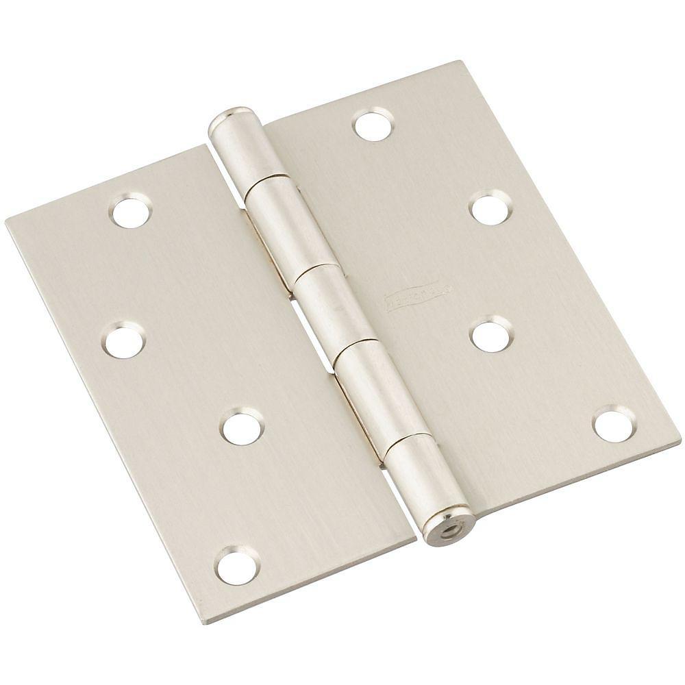 4-inch square residential exterior door hinge with opposite zig zag hole pattern, available in multiple finishes.