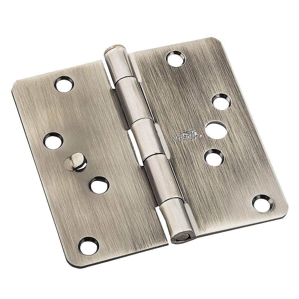 Residential exterior door hinge, 4-inch with 1/4-inch radius, opposite zig zag hole pattern, available in multiple finishes, 3-pack.