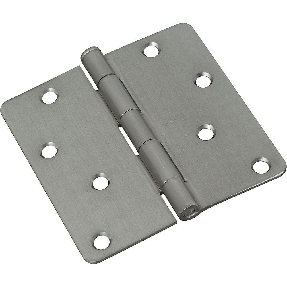 Durable 4-inch residential exterior door hinge with a 1/4-inch radius and opposite zig zag hole pattern, available in multiple finishes.