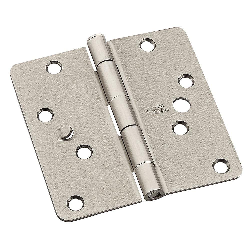 4-inch residential exterior door hinge with 1/4-inch radius and opposite zig zag hole pattern, available in multiple finishes.
