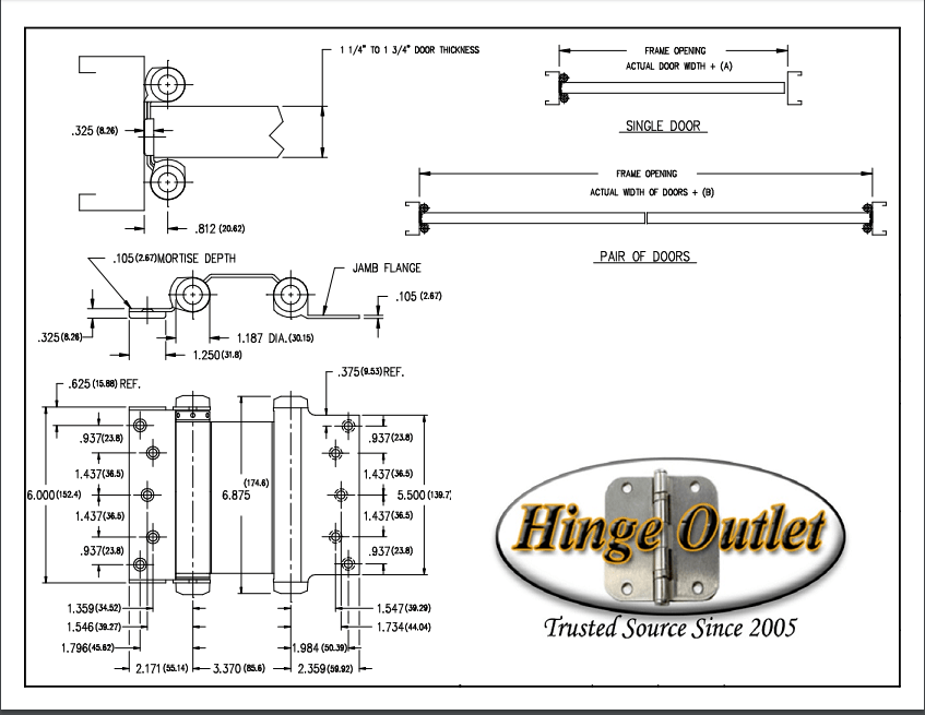 Brass adjustable double acting spring hinges, 4 to 6 inches, with detailed dimensions for installation and use.