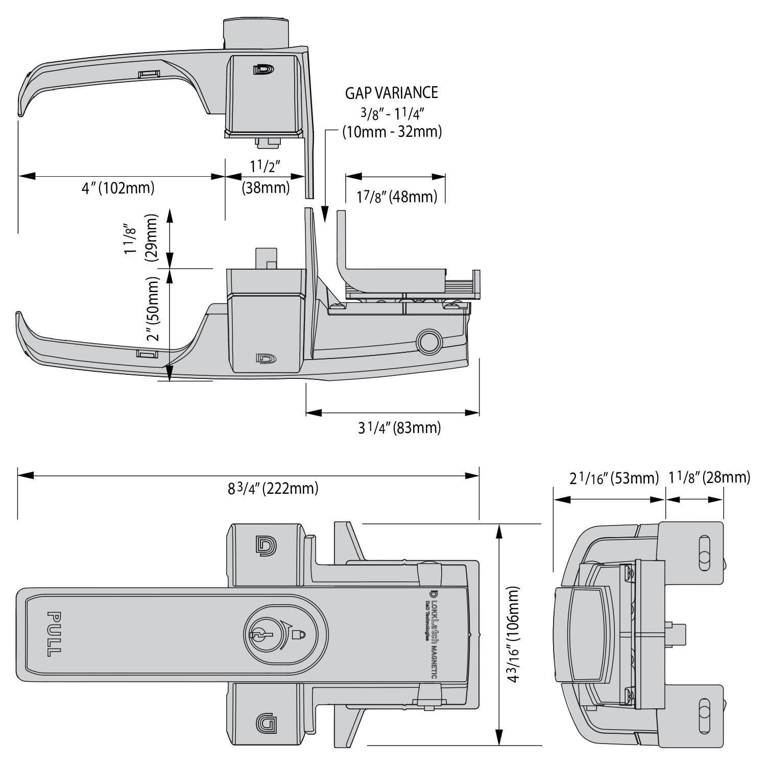 Magnetic lock latch in black with detailed dimensions for secure door locking and easy installation.