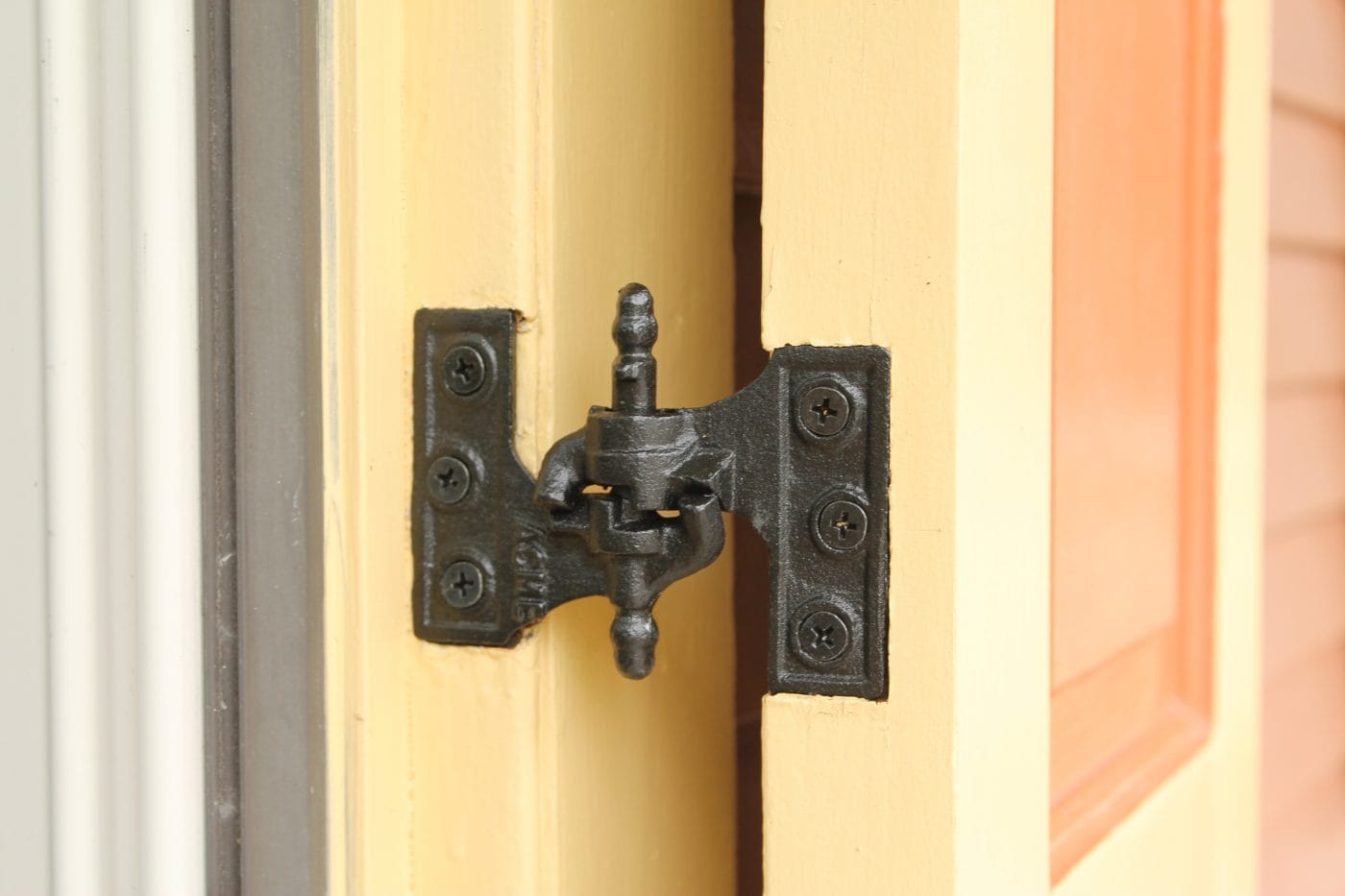 Acme mortise shutter hinges in cast iron with WeatherWright coating, available in multiple sizes, sold as a set.