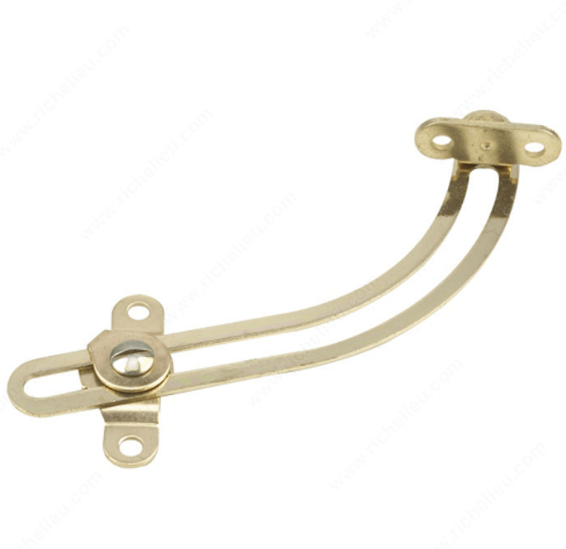 Brass finish angled lid support measuring 5 inches, ideal for cabinets and furniture, sold individually.