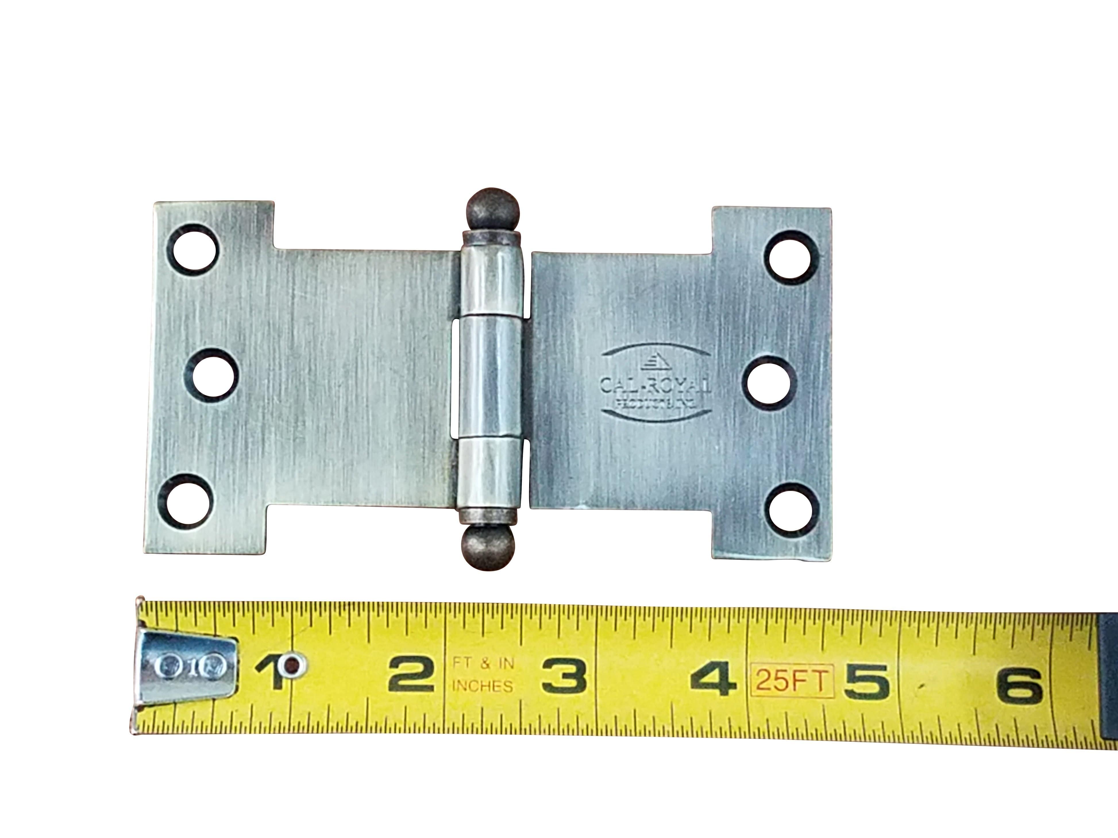 Antique brass wide throw parliament hinges available in multiple sizes, sold in packs of two for durability.