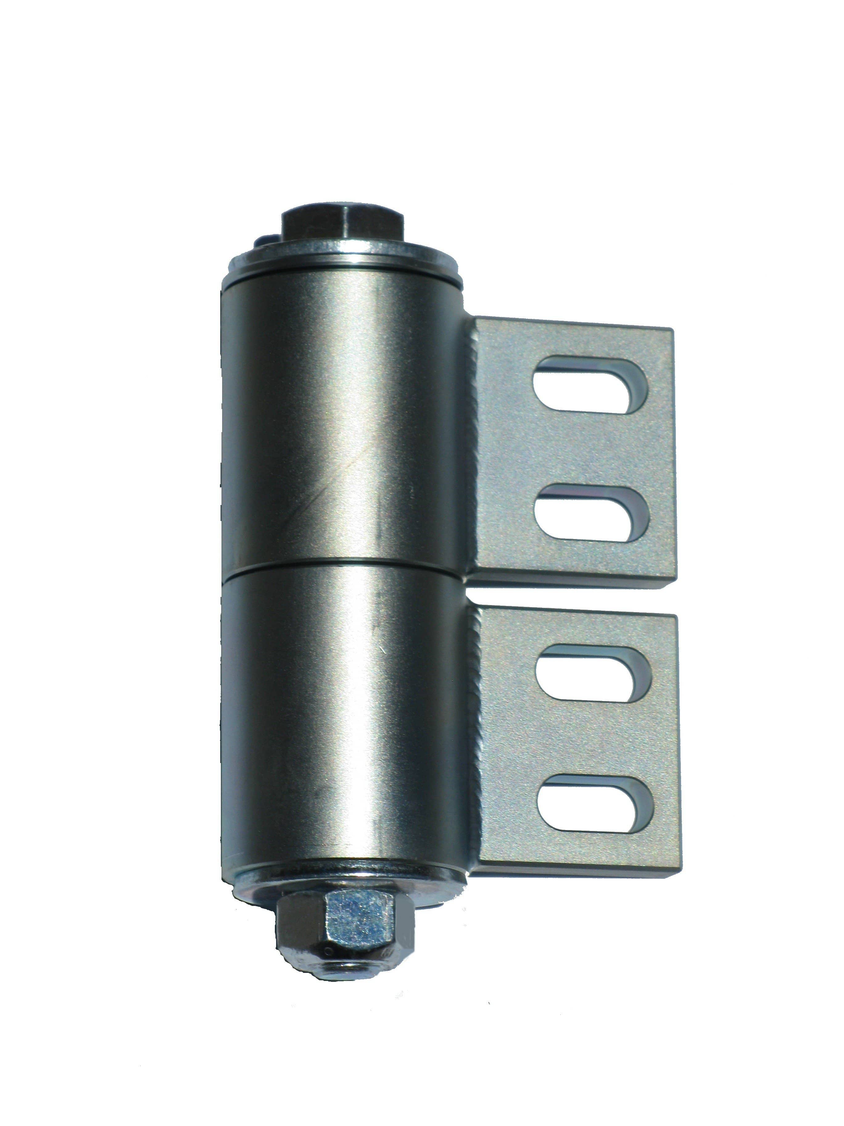 Heavy duty steel barrel hinge for gates, allowing up to 180 degrees of movement, suitable for welding or bolting.