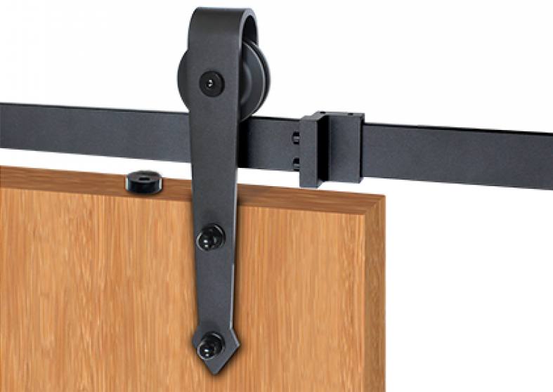 Matte black barn door hinge hardware kit for wood doors, featuring soft close option and surface mount design.