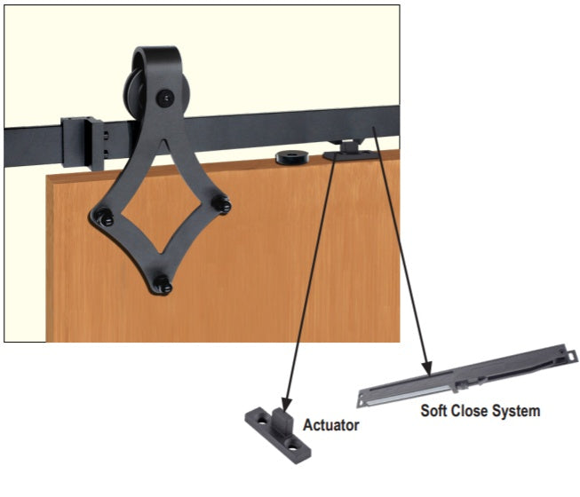 Matte black barn door hardware kit with surface mount diamond hinges and soft close system for wood doors.