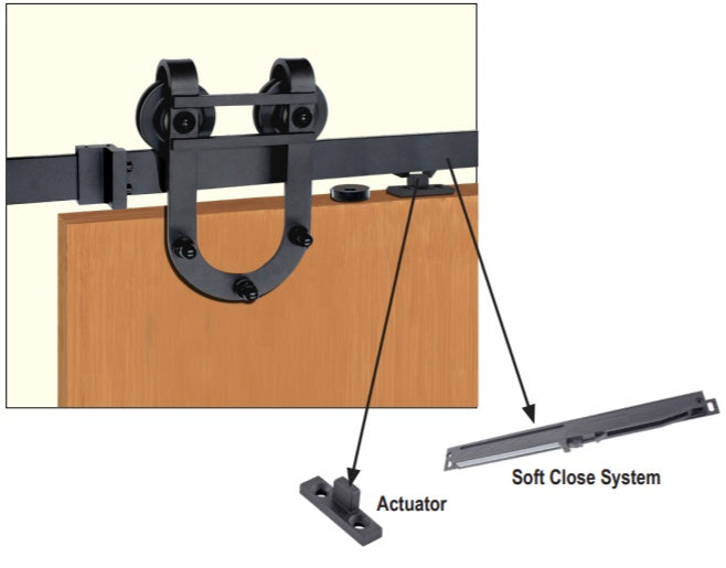 Matte black barn door hardware kit with surface mount horseshoe hinge and soft close system for wood doors.