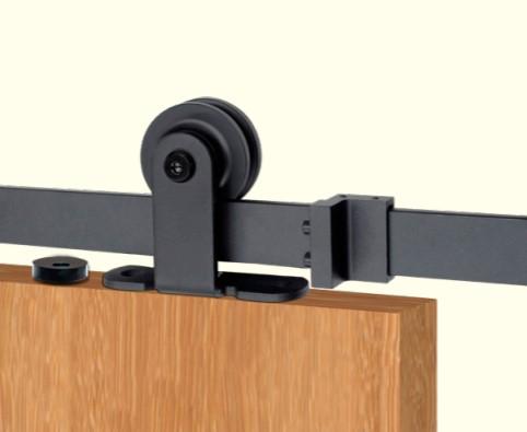 Top mount barn door hinge hardware kit with single wheel and soft close option for wood doors in various sizes and finishes.