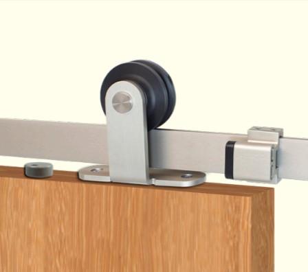 Top mount barn door hardware kit with single wheel and soft close option for wood doors, available in various sizes and finishes.
