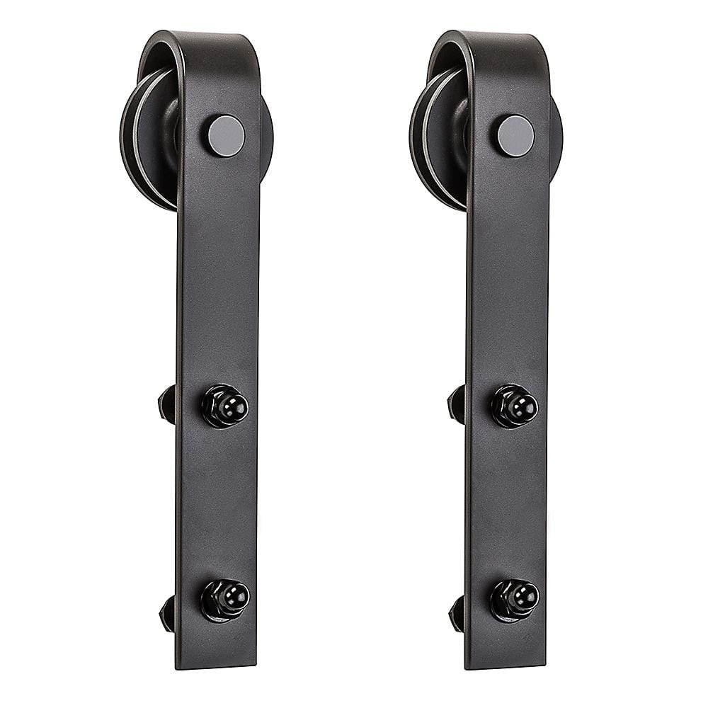 Interior sliding door strap hangers in various finishes, designed for barn door hardware, sold in a 2-pack.