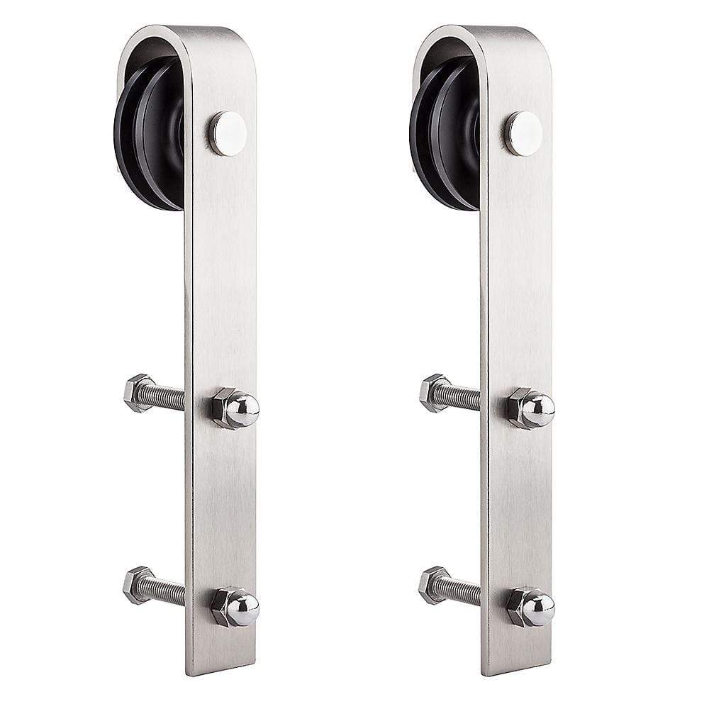Interior sliding door strap hangers in various finishes, sold in a 2-pack for barn door hardware installations.