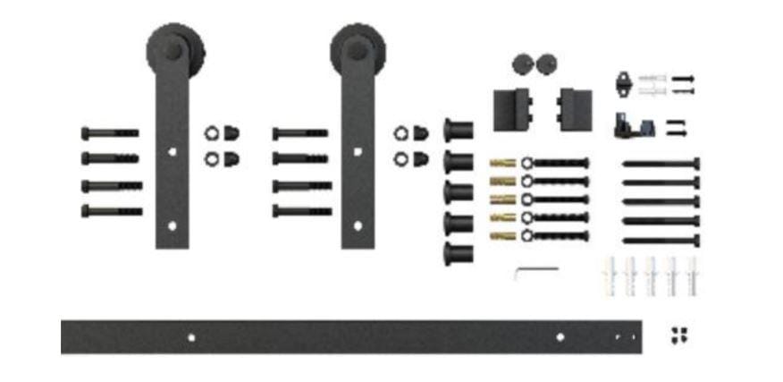 Barn Door Hinges / Hardware Kit - Face Mount Straight Strap Wheel - 6' Foot 6" Inches Rail Length - Matte Black Finish
