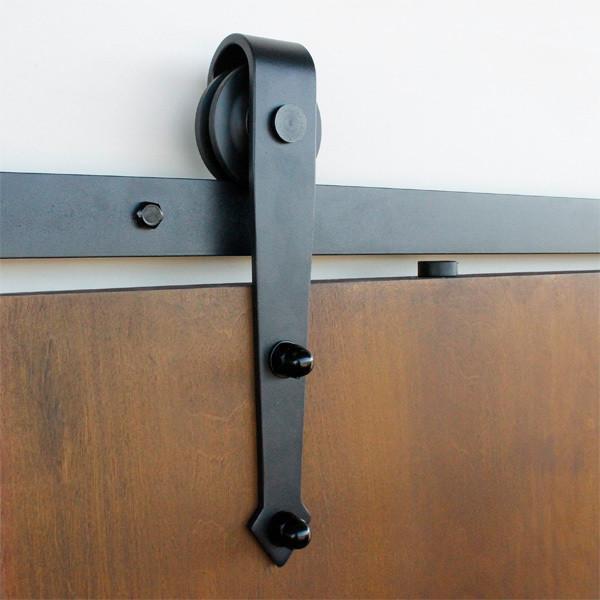 Philmont style barn door hardware kit in black finish for doors 30 to 48 inches wide, showcasing a sleek design.