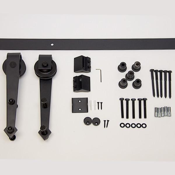 Philmont style barn door hinges and hardware kit for doors 30 to 48 inches wide in a sleek black finish.