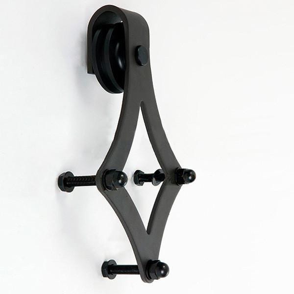 Royal style barn door hinge hardware kit in black finish for doors 30 to 48 inches wide, featuring decorative design.