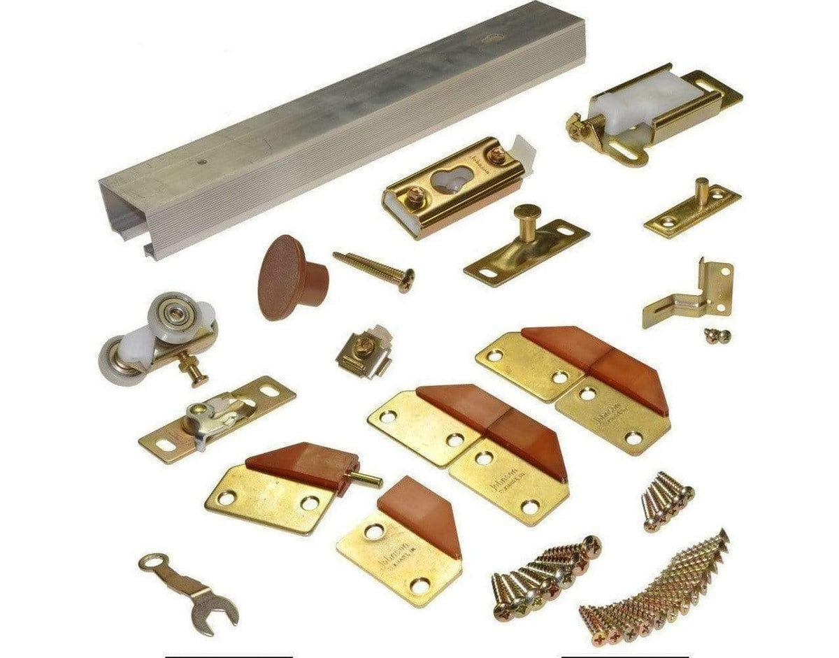 Bifold door hardware set for two 36-inch doors with 18-inch panels, featuring brass components and track system.