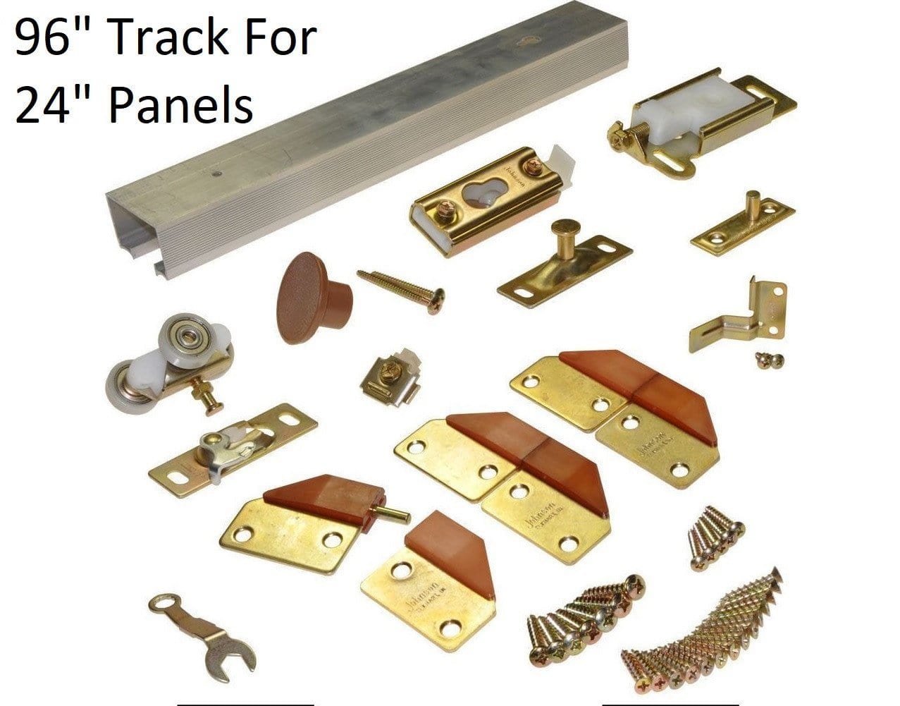 Bifold door hardware set with 96-inch track, suitable for 24-inch panels, includes brass components and fasteners.
