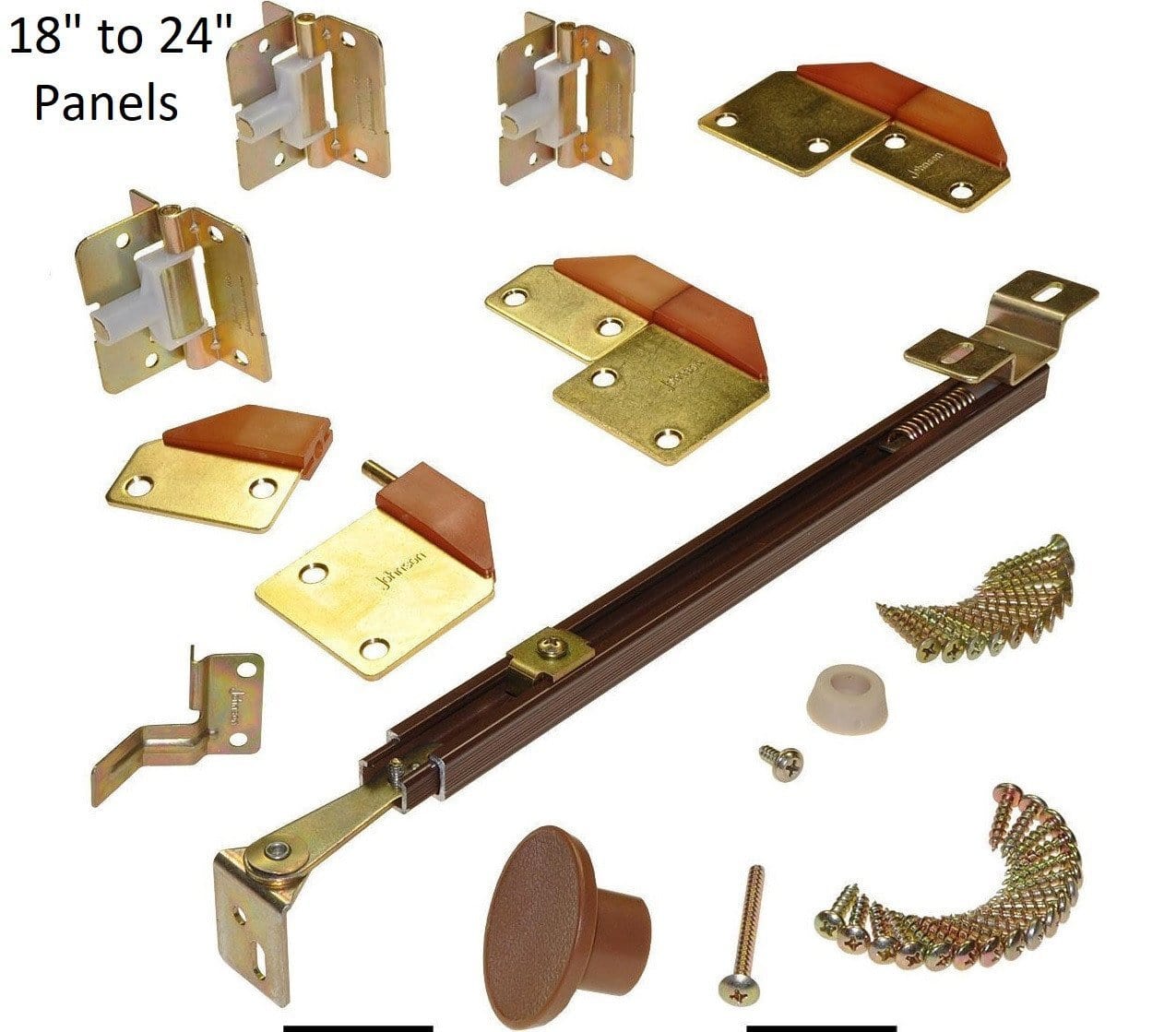 Bifold adjustable door hardware set for 18" to 24" doors, includes brown components and brass hinges.