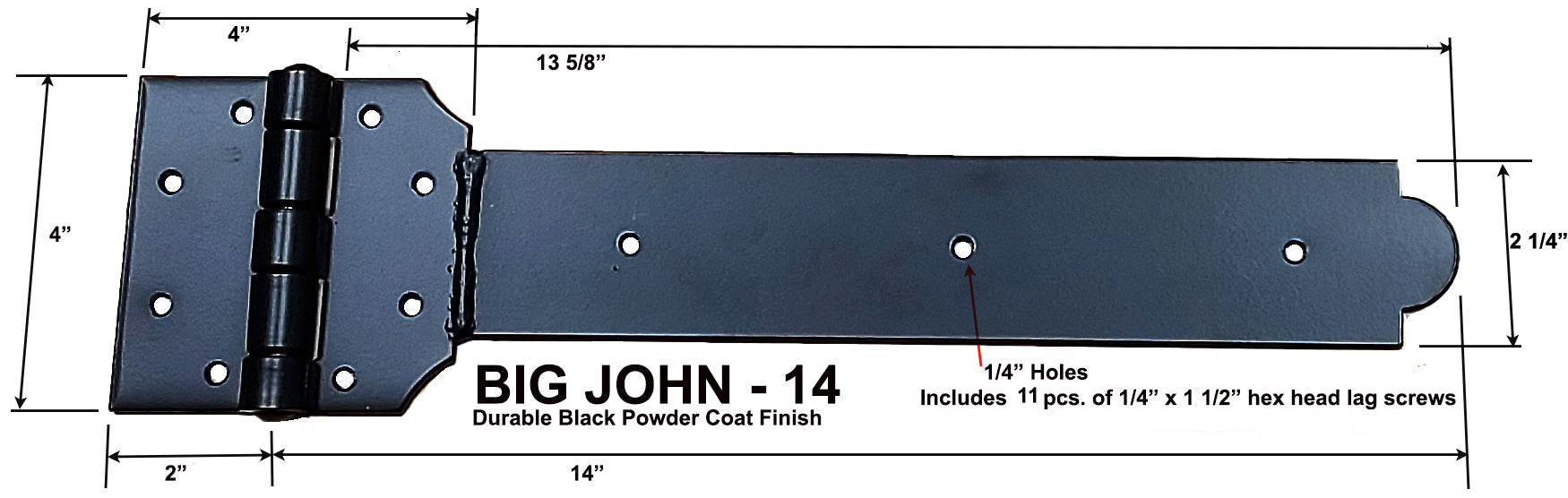 Super heavy-duty decorative strap T-hinge in various sizes, featuring a durable black powder coat finish.