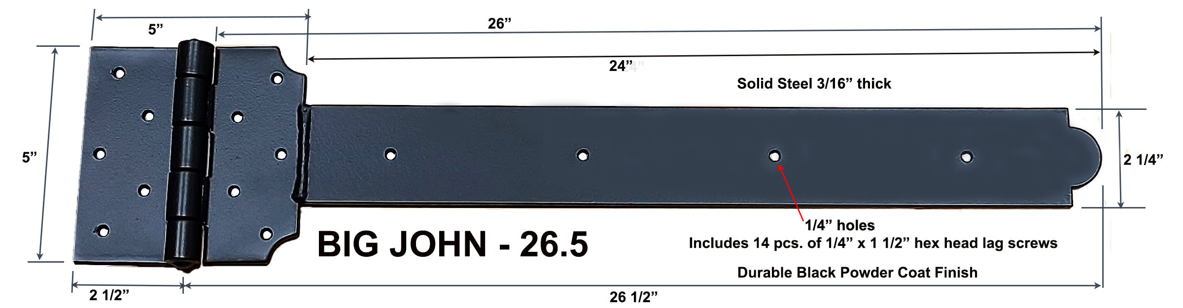 Super heavy-duty decorative strap T-hinge in sizes from 14 to 26.5 inches, featuring a durable black powder coat finish.