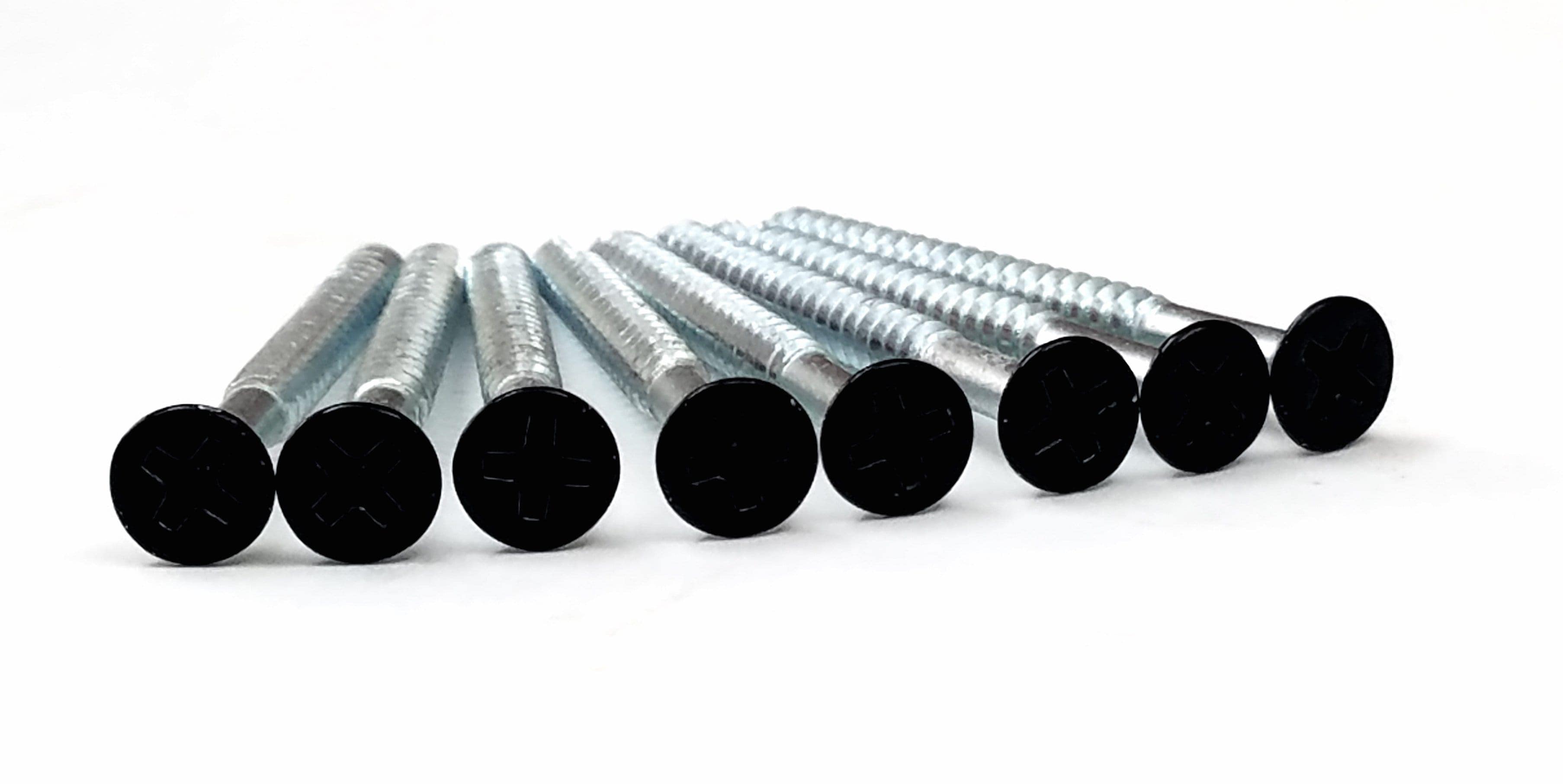 Flat head #9 x 2 1/4" wood screws with 1 1/2" thread in black finish, available in 24 or 96 pack options.
