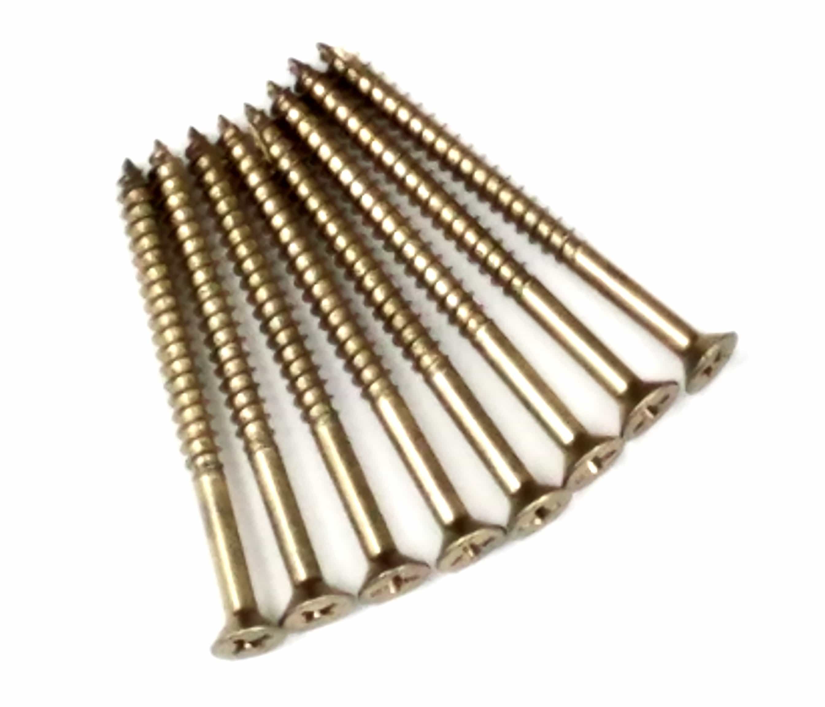 Flat head #9 wood screws in bright brass finish, available in 2 1/4" or 3" lengths, sold in 24 or 96 packs.