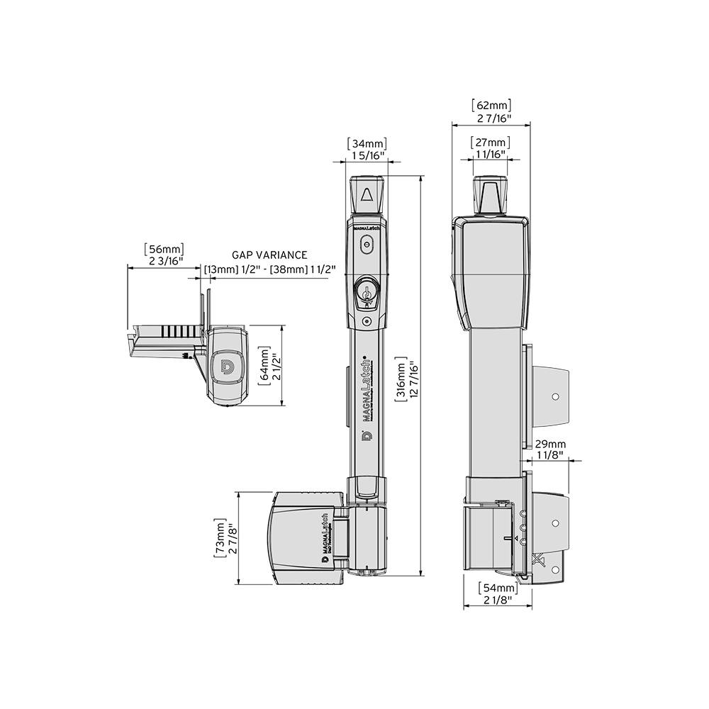Vertical pull safety gate latch in black, featuring adjustable gap variance and detailed dimensions for installation.