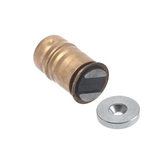 Adjustable brass-clad magnetic cabinet catch with a metal plate, designed for secure closure of cabinet doors.