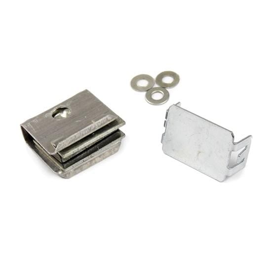 Aluminum housed magnetic cabinet catch and strike set with washers, 1-1/16 inches, sold individually for secure closures.