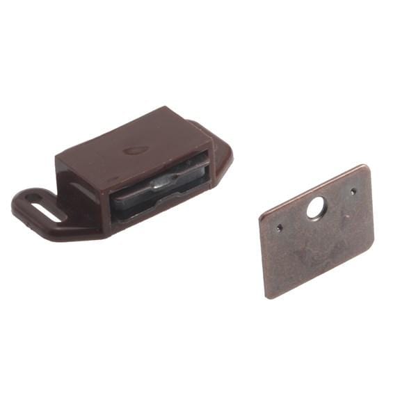 Economy magnetic cabinet catch in dark brown finish, measuring 2-1/6 inches, sold individually for secure closures.