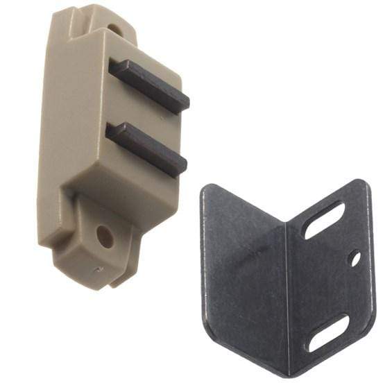 Face-mounting magnetic cabinet catch in light brown finish, 1-1/8 inches, sold individually for secure closure.