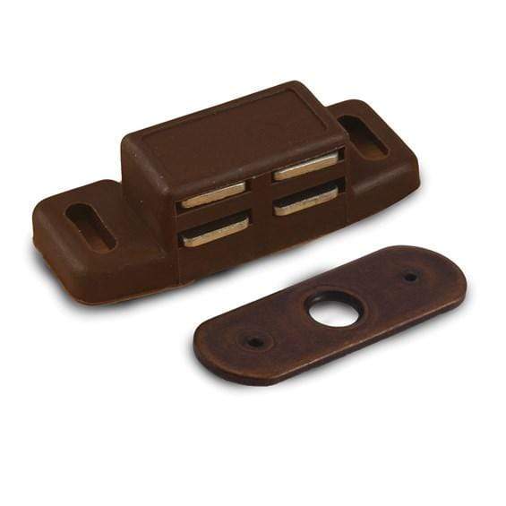 High rise magnetic cabinet catch in brown finish, measuring 1-7/8 inches, sold individually for secure closures.
