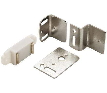Magnetic cabinet catch set with three strikes, 1-15/16" x 3/4", available in multiple finishes, sold individually.
