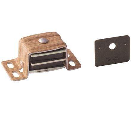 Magnetic cabinet catch with wood grain finish, measuring 2-1/16" x 1", sold individually for secure closure.
