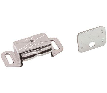Magnetic cabinet catch in aluminum finish, measuring 2-3/16" x 1", sold individually for secure closures.