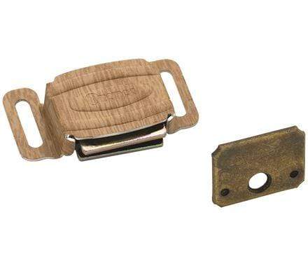 Magnetic cabinet catch with wood grain finish, aluminum construction, measuring 2 inches by 1-1/8 inches, sold individually.