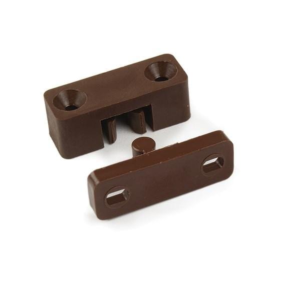 Brown cabinet catch with positive closure friction mechanism, measuring 1-3/8 inches, sold individually.