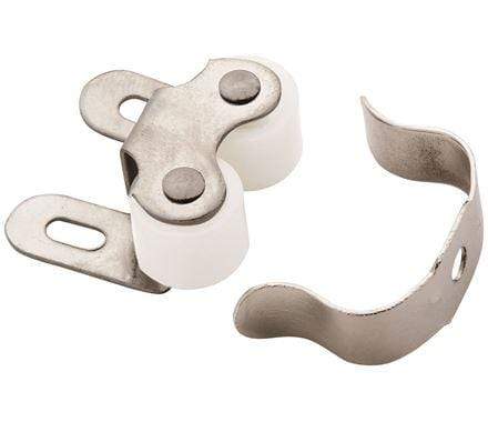 Nickel finish roller catch for cabinets, measuring 1" x 1-1/16", sold individually for secure closure.