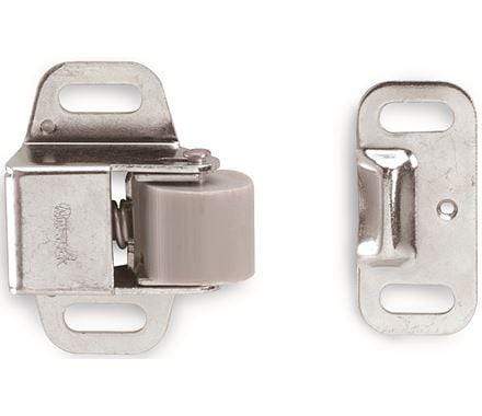 Zinc-finished roller catch for cabinets, measuring 2 inches by 1.75 inches, sold individually for secure closure.