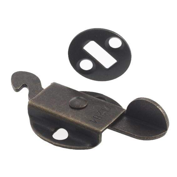 Antique brass side mount rooster flex elbow catch for cabinets, sold individually, includes catch and mounting plate.