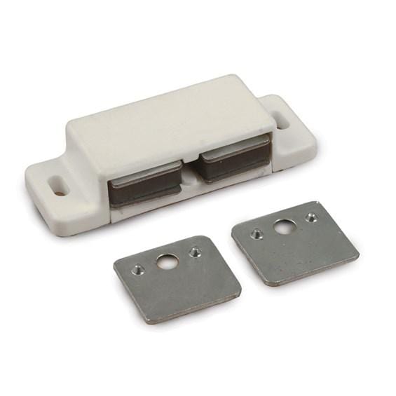 Strong double magnetic cabinet catch, 2-1/4 inches, available in multiple finishes, sold individually for secure closures.