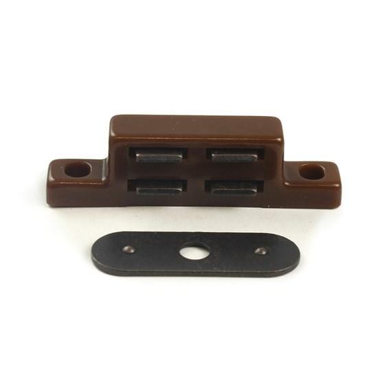 Thin magnetic cabinet catch, 1-13/16 inches, available in multiple finishes, sold individually for secure closures.