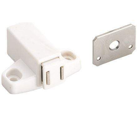 Cabinet touch catch set includes a white catch and metal plate, ideal for securing cabinet doors.