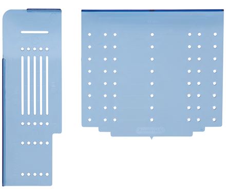 Cabinet door and drawer mounting template kit for knobs and pulls, adjustable from 3 inches to 128mm widths.