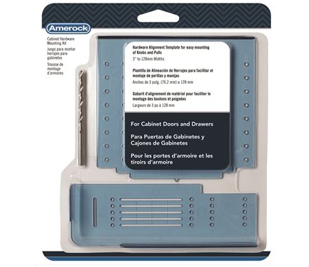Cabinet door and drawer mounting template kit for knobs and pulls, adjustable from 3 inches to 128mm widths.