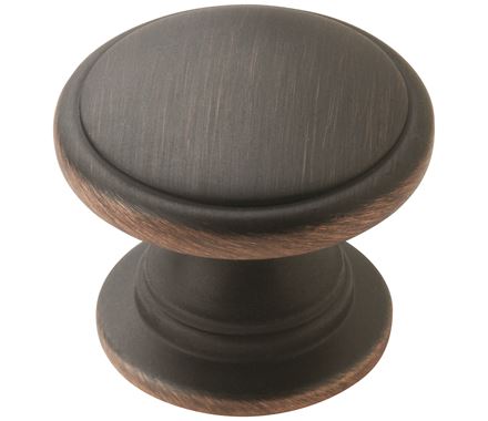 Oil rubbed bronze cabinet knob from the Ravino series, 1-1/4 inch, sold individually for stylish home decor.